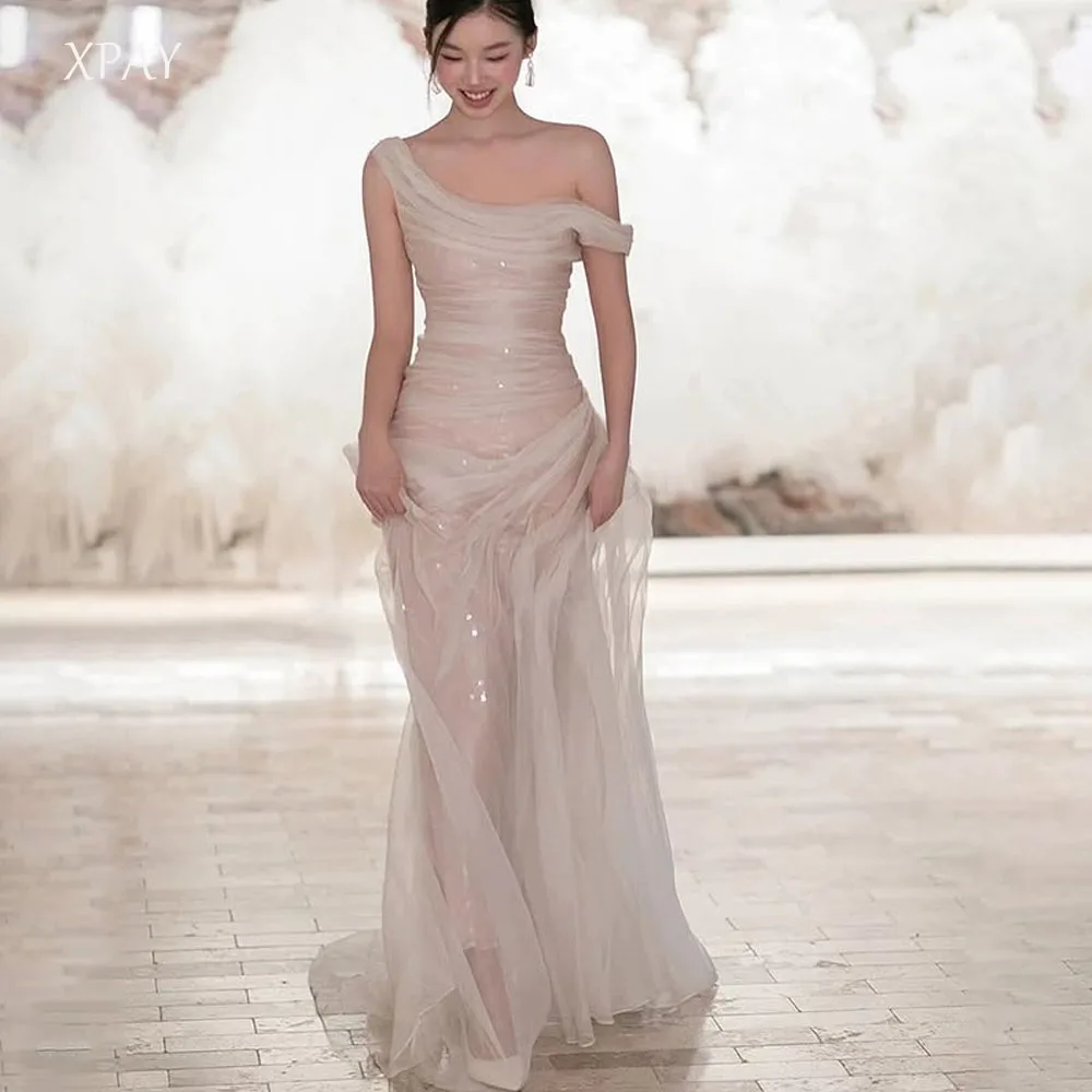 XPAY เงาโมเดิร์นทูลล์ชุดเดรสปาร์ตี้งานแต่งงานนางเงือกไหล่เดียวจีบชุดราตรียาวชุดปาร์ตี้อย่างเป็นทางการที่กำหนดเอง