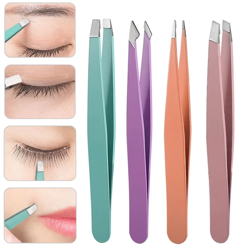 Pinzas planas para cejas, 1 piezas, 4 estilos, punta de acero inoxidable, depilación inclinada, herramienta de maquillaje de belleza, accesorio, pinzas para pestañas