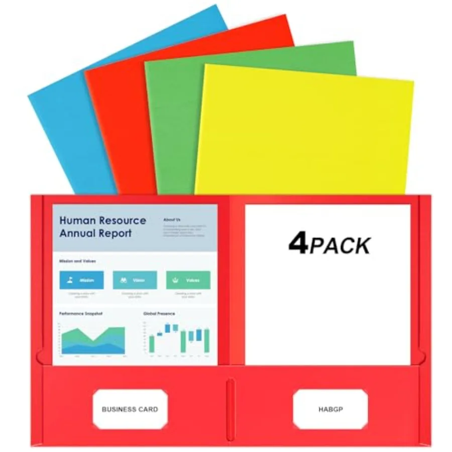 

Two Pocket Folders, 4 Pack 2 Pocket Folders Fit Letter Size Paper, Assorted Colors File Folders with Pockets and Business Card
