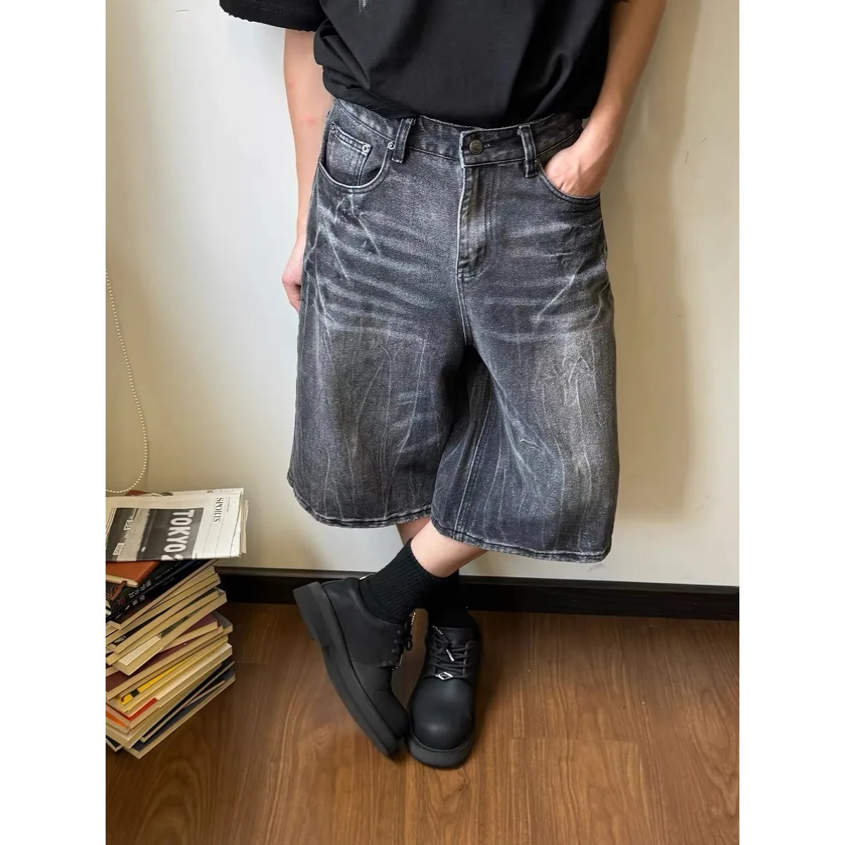 American Retro Street Washed Lightning Pattern Seven-point Jeans Men And Women Loose Wide Legs Straight Casual In Summer
