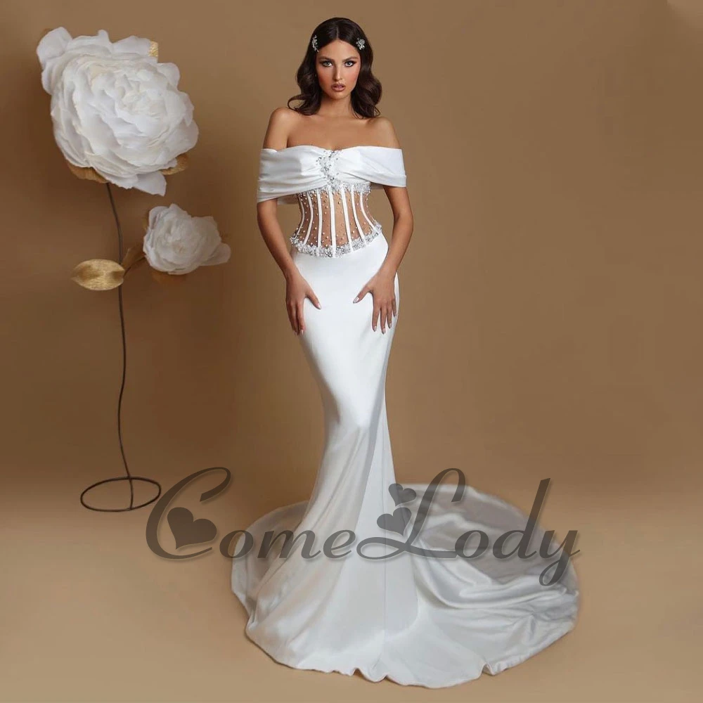 

Comelody Elegant Off the Shoulder Evening Dresses Women Mermaid Beading Rhinestones Chapel Train Vestidos de Gala Customized