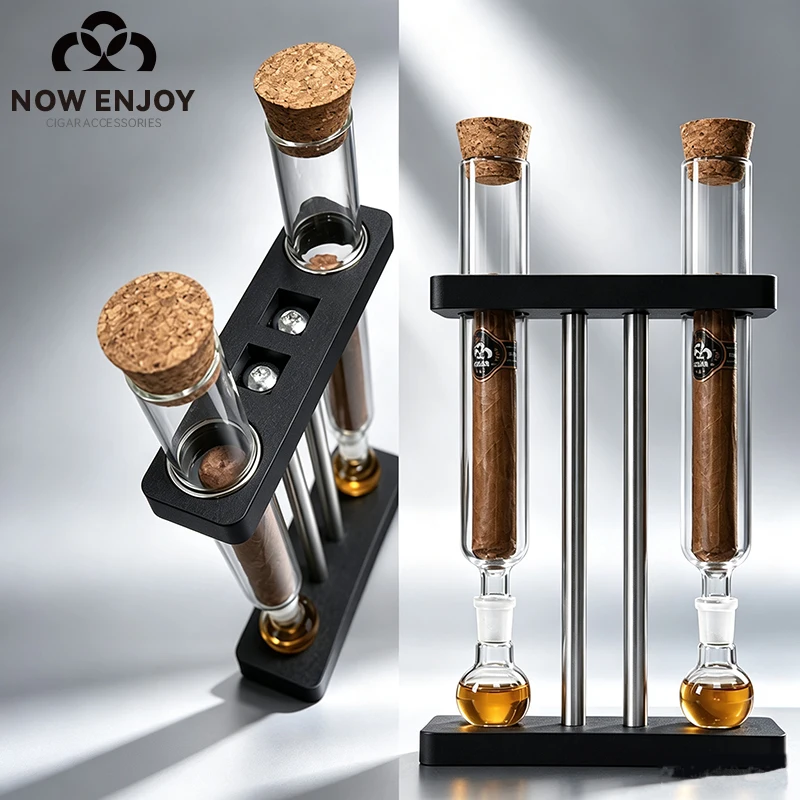 NOW ENJOY 1Set 3D Printing Cigar Display Stand Duble Tubes Clear Infuser Glass Tube Kit Plastic Base Aromatherapy Display Rack