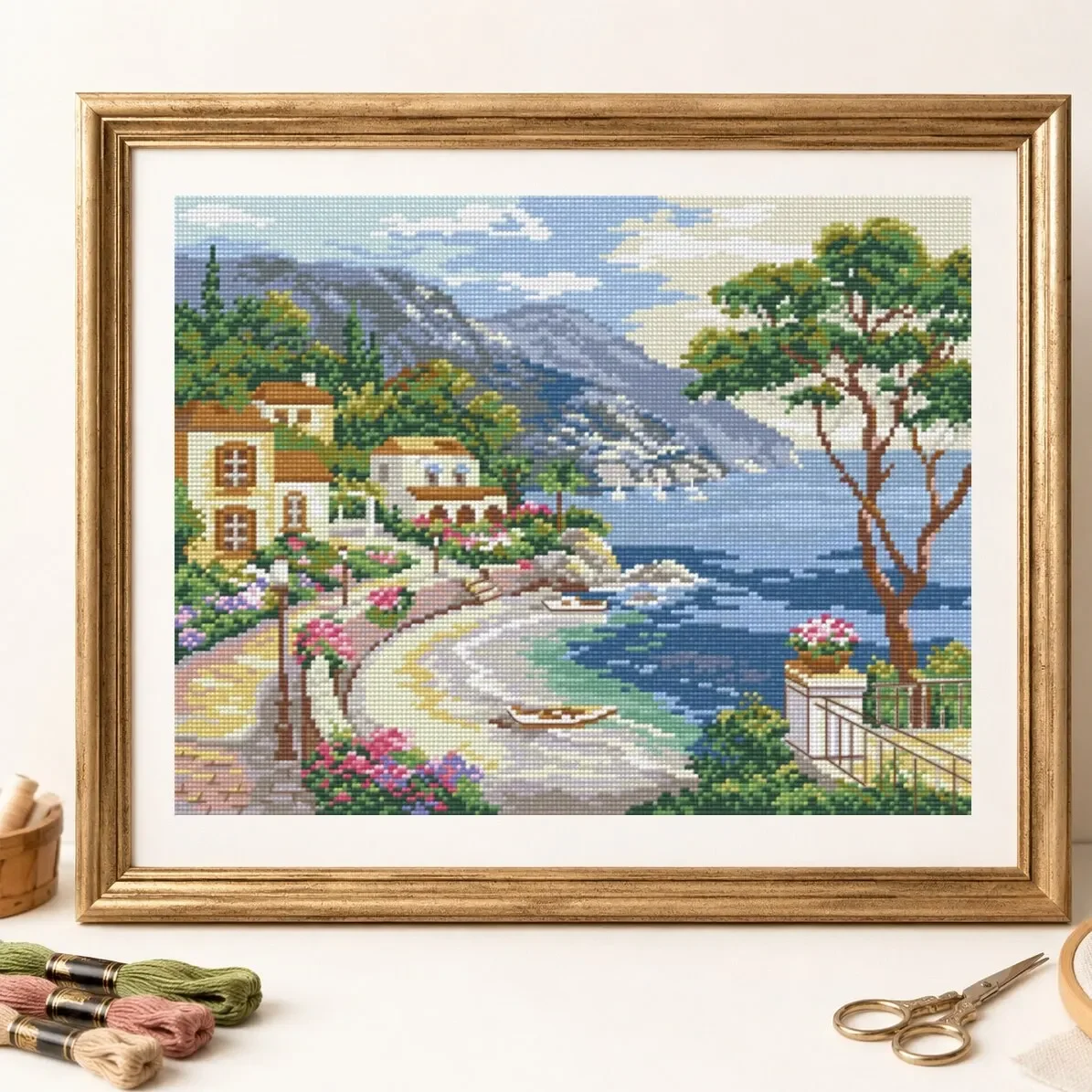 [CC5116-South Beach]Stamped Cross Stitch Kit for Adults and Kids, Easy Pre-Printed Canvas with Cotton Threads and Needles, Handm