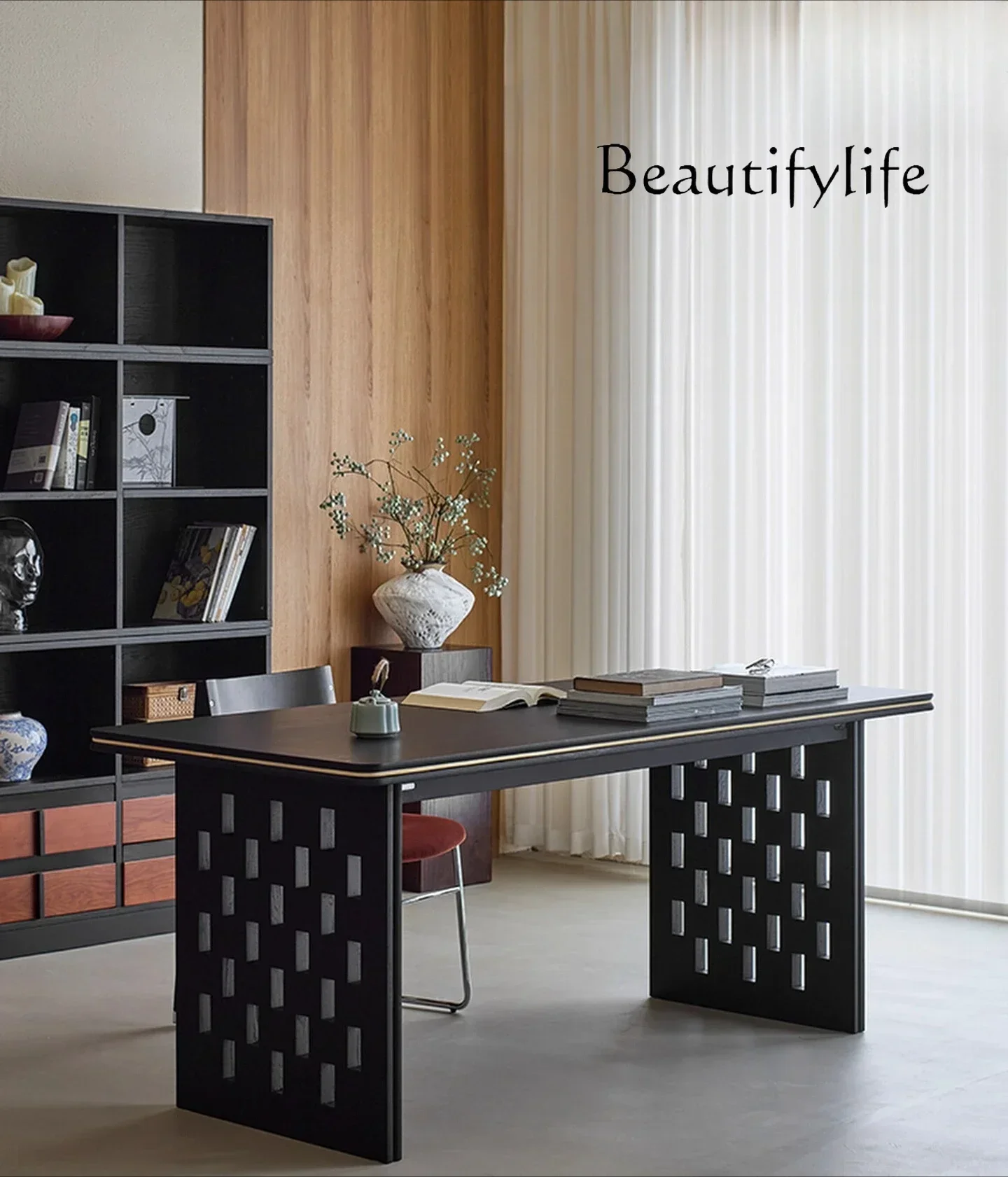 HH J YY Retro Solid Wood Large Board Desk, Home Living Room Large Board Table, Black Ash Wood Desk