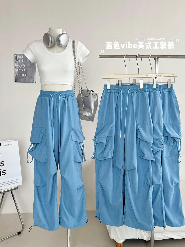 

Y2K Korean Style Cargo Pants Women Harajuku Retro Wide Leg Blue Trousers Oversized Kpop Streetwear Elastic Waist Sweatpants