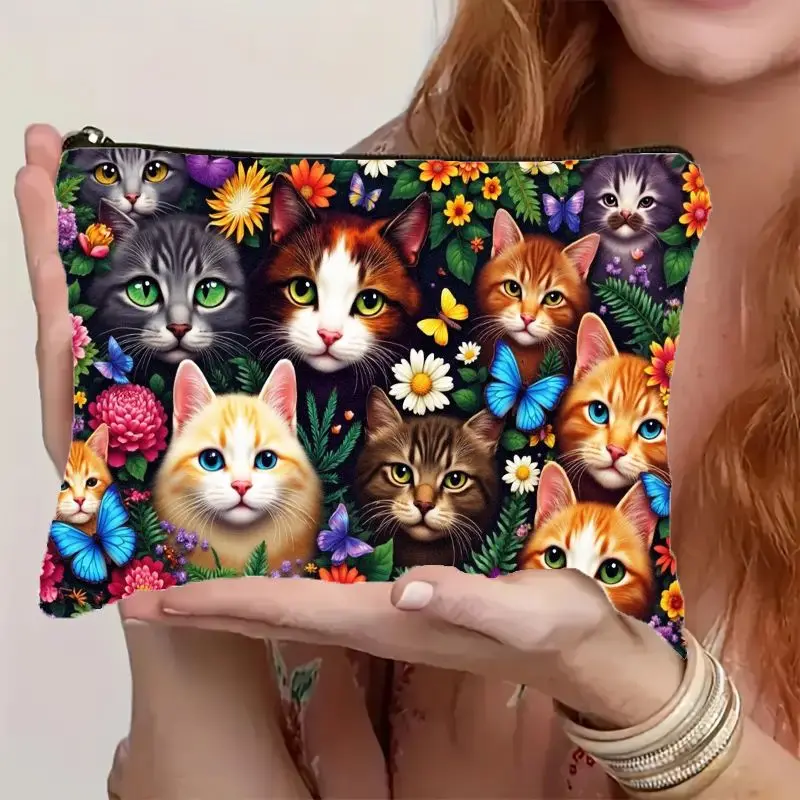 2D Flat Vibrant Cute Cat & Floral Print Cosmetic Bag with Smooth Zipper Closure Lightweight Portable Makeup Pouch Perfect Gift