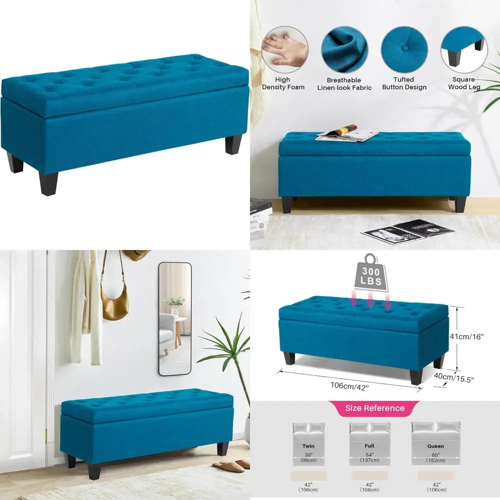 

Storage Ottoman with Button Tufted Fabric, Modern Accent, End of Bed Bench, Safety Hinge, Space-Saving Furniture
