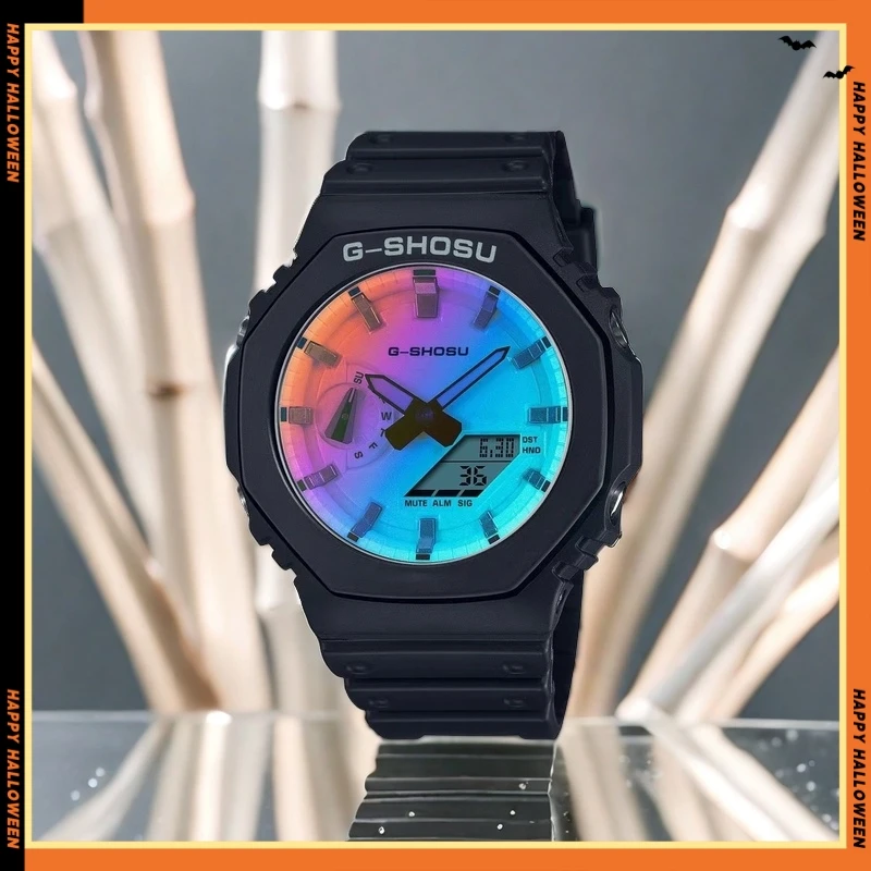 Orologio sportivo elettronico da uomo, ora mondiale, funzione completa, doppio display, sollevamento automatico, fumetti in quercia leggera