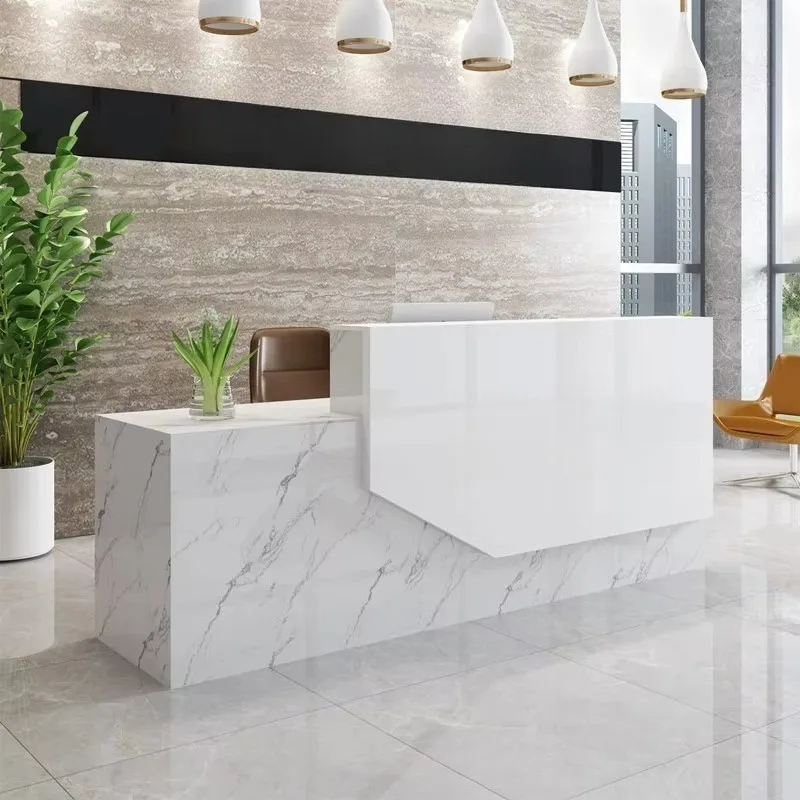 Modern Luxury Reception Desk Customizable Logo MDF Artificial Pink Stone for Office Supermarket  Front Building Salon Shop