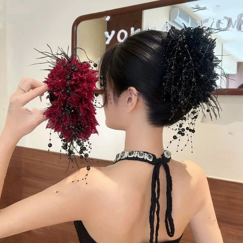 Frauen Mode Haar Zubehör Mädchen Blume Haar Klaue Plissee Organza Perlen Feder Grip Shark Haar Clip Weibliche Kopfbedeckungen