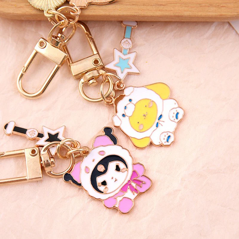 Sanrio Alloy Cartoon Keyring, Figuras Anime, melodia, Kuromi, Cinnamoroll, doce bonito Keychain, encantos saco, pingente, chaveiro do carro