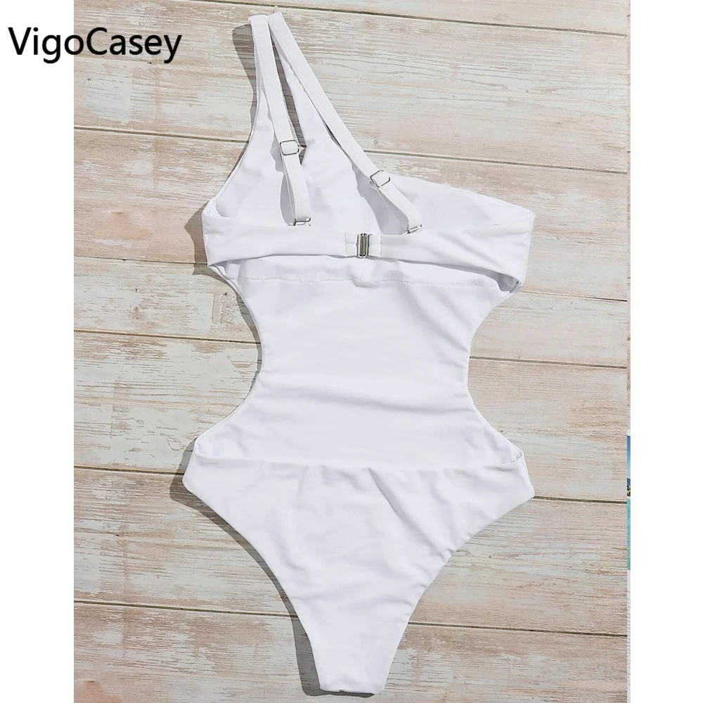 VigorCasey 2025 traje de baño sólido de un hombro para mujer, traje de baño Sexy de cintura alta hueco de una pieza, Monokini, traje de baño para