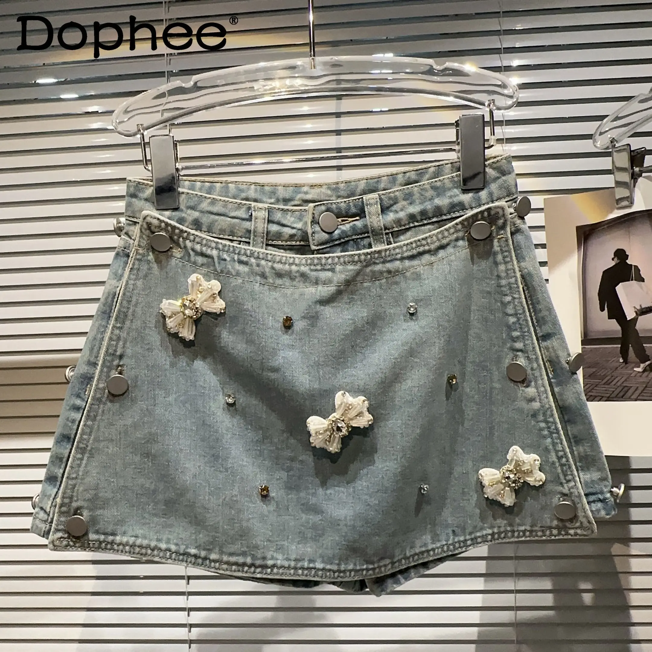 Black Skirt Women Three-Dimensional Bow Button Denim Pantskirt 2024 Summer New Korean Style Elegant Hot Girl Rhinestone Skirt