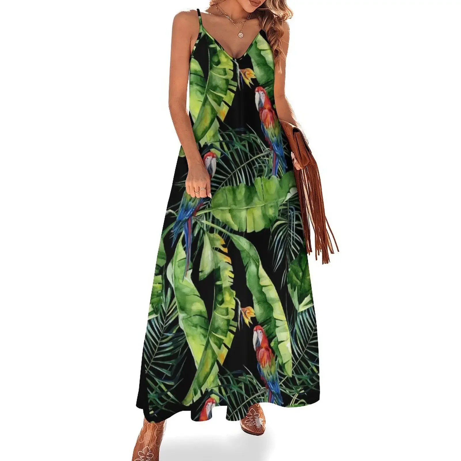 

Seamless watercolor illustration of tropical leaves, dense jungle. Scarlet macaw parrot. Sleeveless Dress Women dresses summer