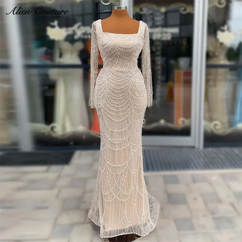 

Glitter White Luxury Dubai Evening Dresses Crystal Beading Pearls Muslim فساتين السهرة Wedding Party Prom Gowns Customized