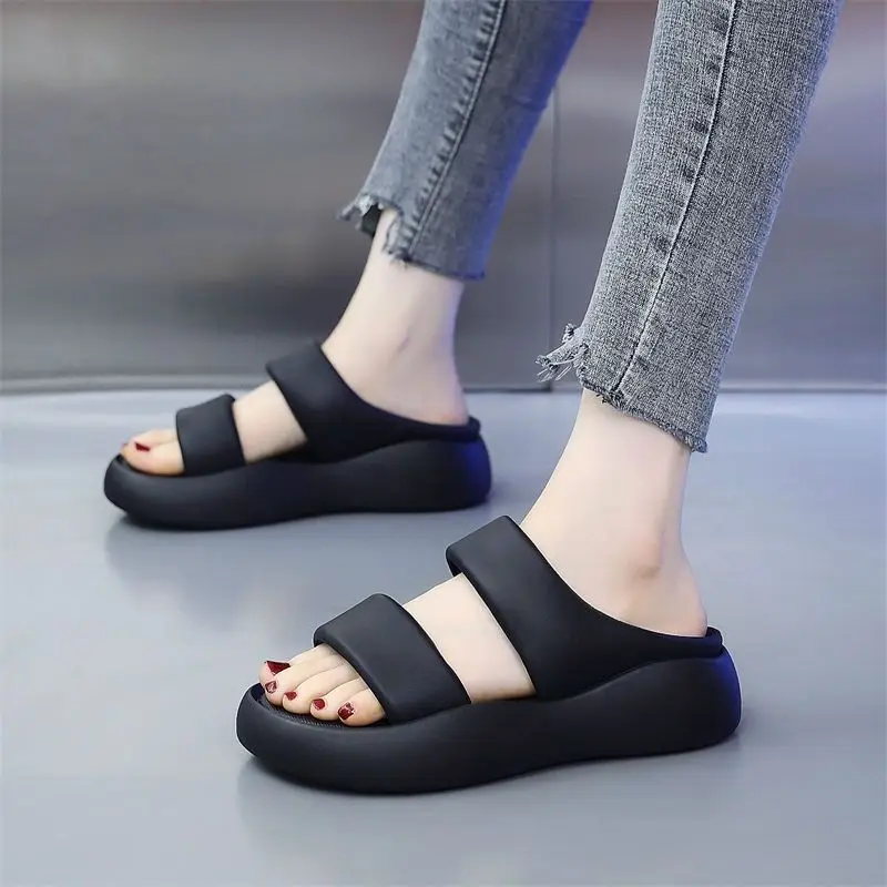 Woman Slippers Soft Slides Black Sabot on Beach Shoes for Women Height Sandals Korea Style Natural Skin Vip High Quality Sale 39