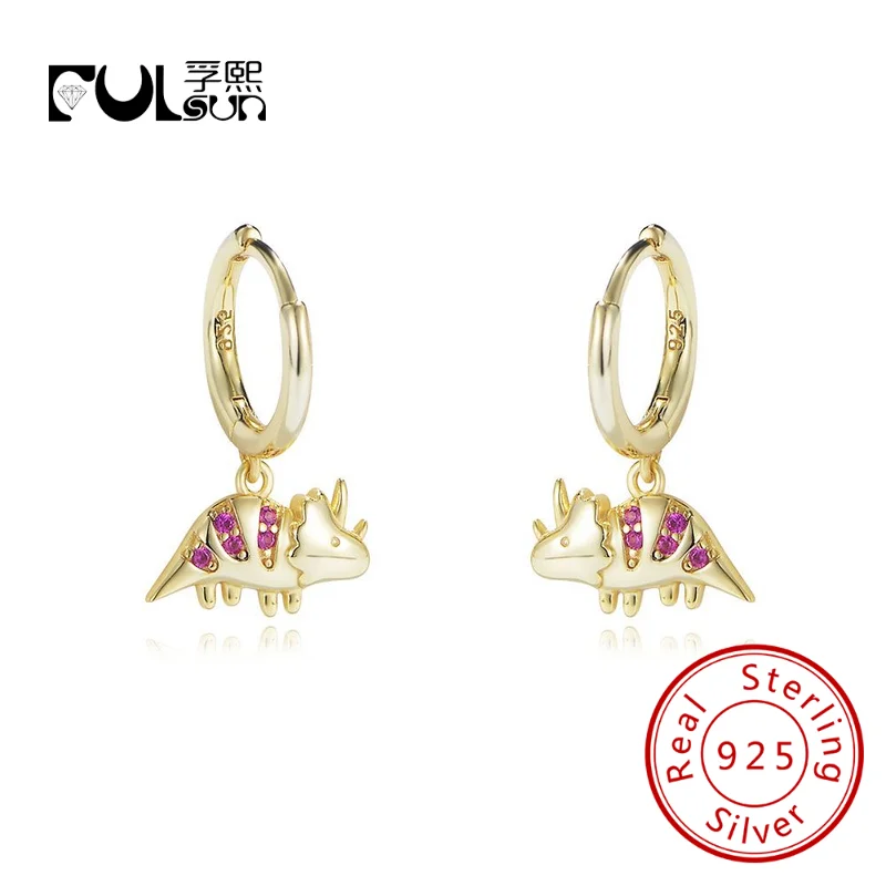 Fulsun Lovely Dinosaur Pink Zircon Symmetric Triceratops Dangle Sterling Silver 925 Red corundum Animals Hoop Earring Jewelry