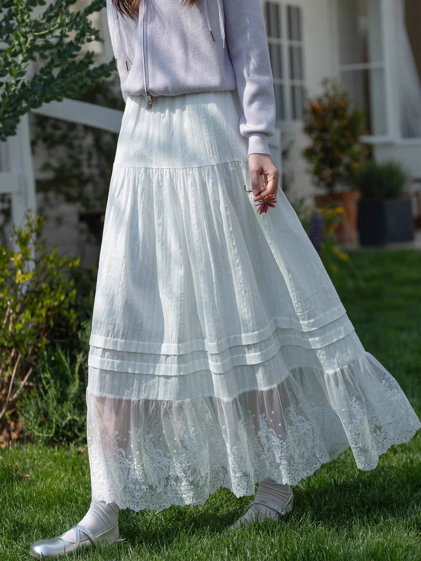 

Юбка миди А-силуэта с высокой талией и кружевными вставками, белая, в стиле Left Bank Girl, женская, модная, весенняя новинка