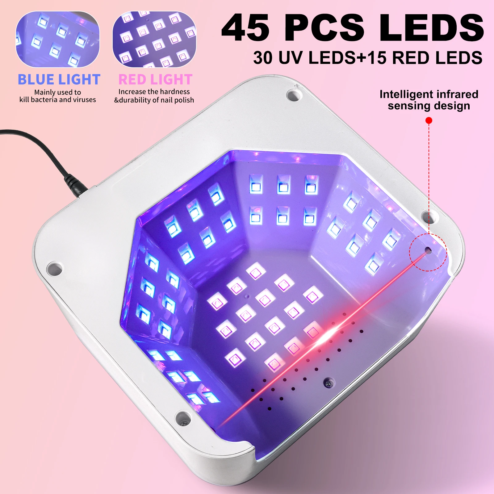 Lampa UV LED do paznokci 45 LED do utwardzania lakierów hybrydowych, suszarka z automatycznym czujnikiem, lampa UV LED do paznokci w kształcie serca.