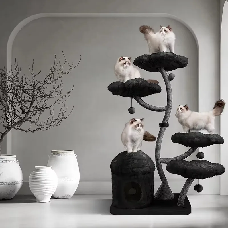 Custom Luxury Large Solid Wood Flower Floral Cat Christmas Tree Tower, Modern Wooden Cat Climbing Condo Tree
