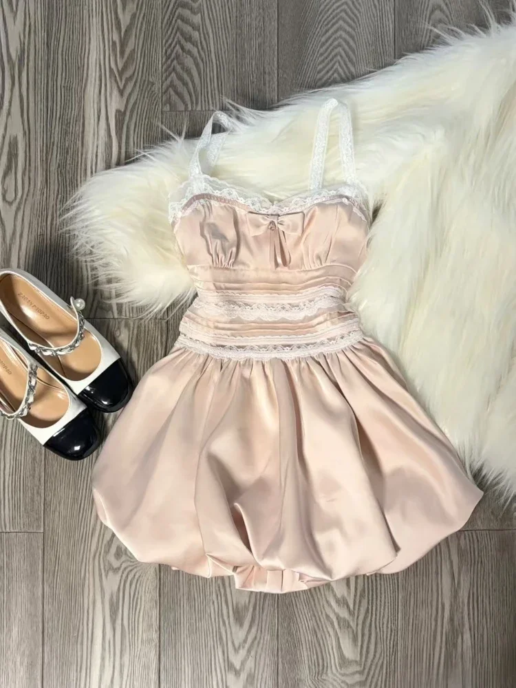 

France Sweet Slim Pink Sling Dress Women Design Elegant Bow Off Shoulder Skinny Dresses Female Pretty Chic Fancy Lace Dress New