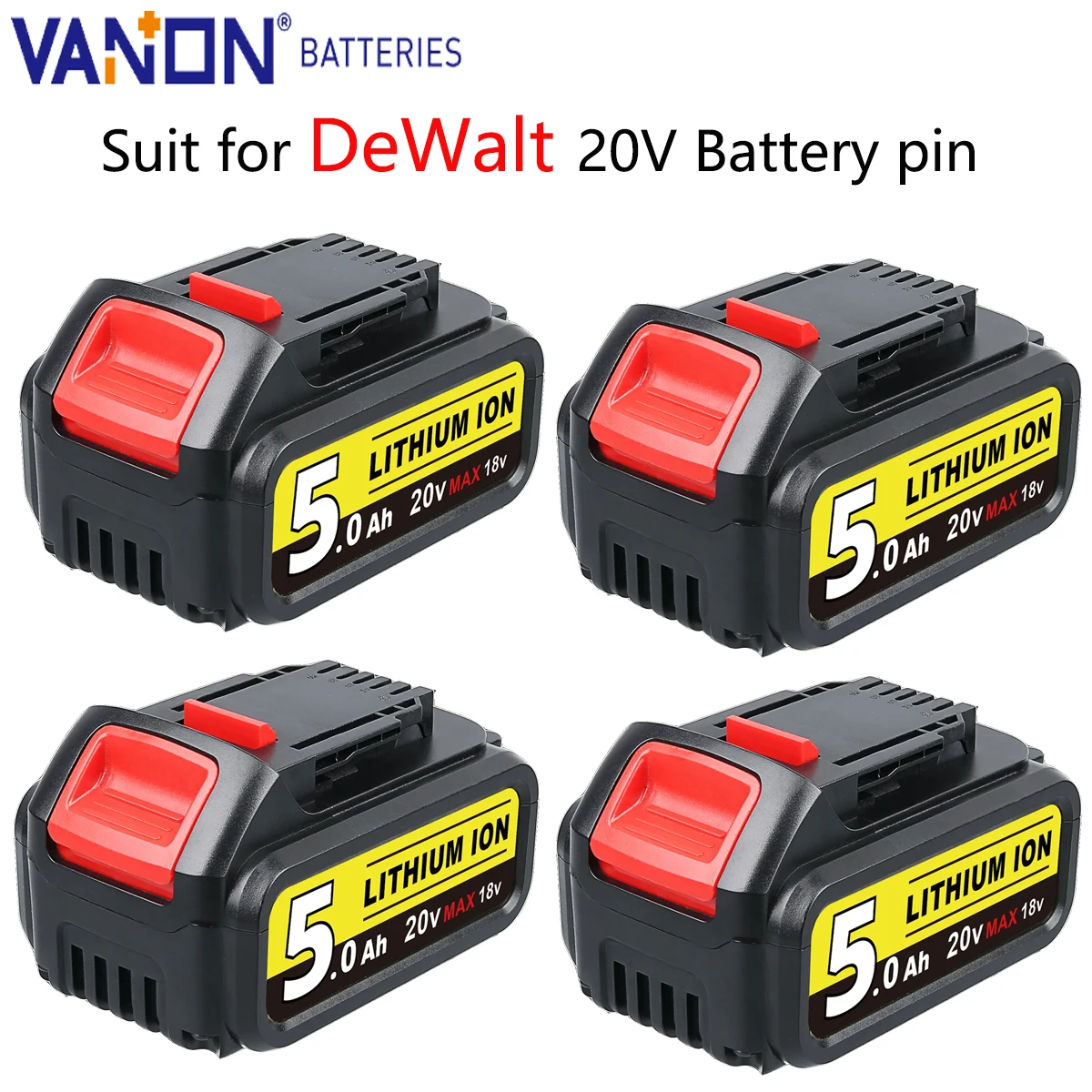 

4 упаковки литиевой батареи Vanon 20 В 5,0 Ач DCB205 MAX, замена для DeWalt DCB200 DCB183 DCB184 DCB202 DCB206, инструмент, штифт для аккумулятора