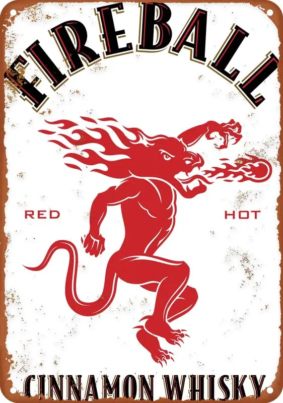 Fireball Red Hot Whiskey Poster Vintage Metal Tin Sign Aluminum Sign Living Room Kitchen Bar Cafe 8X12 Inch