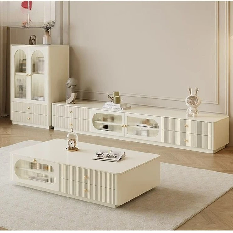 

Rock slab TV cabinet Cream white household modern simple small apartment storage coffee table combination floor TV cabinet