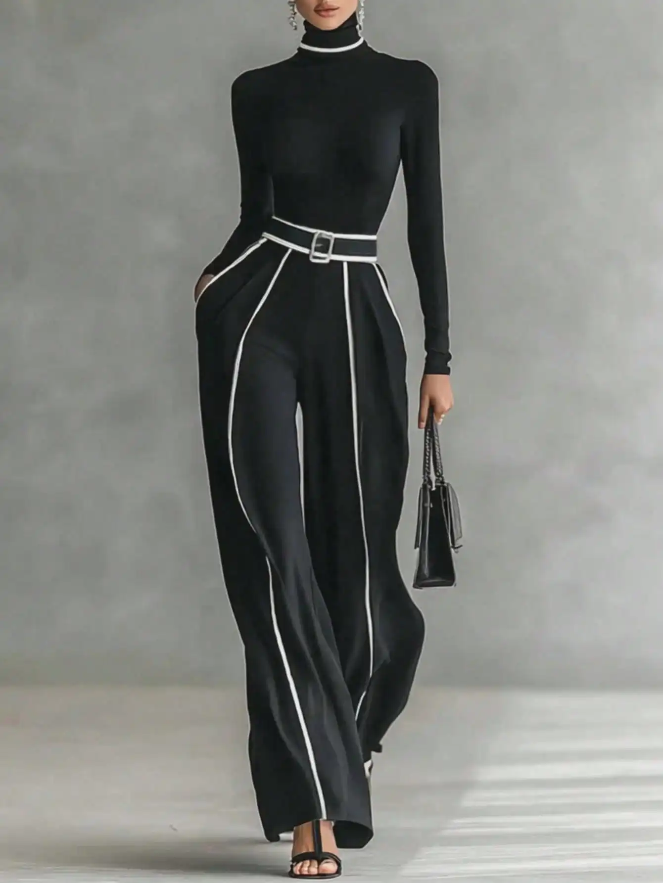 Elegant Black Two-Piece Set: High Neck Long Sleeve Top & Belted Wide Leg Pants with White Trim