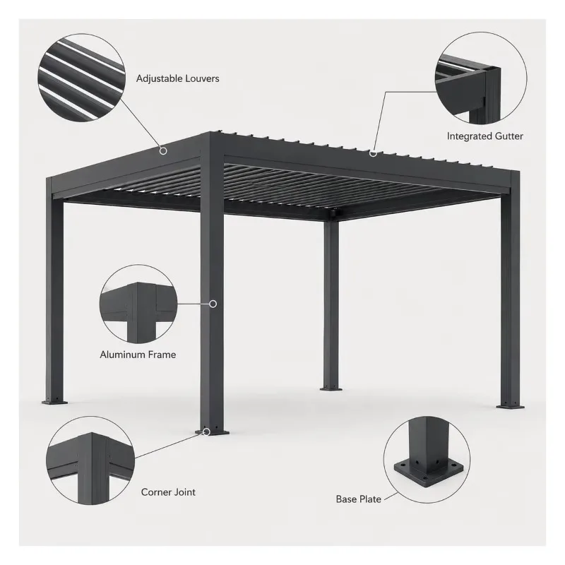 Modern Custom Aluminum LED Garden Pergola Gazebo Electric Adjustable Louver Roof Structure Designed For Backyard Patio Leisure