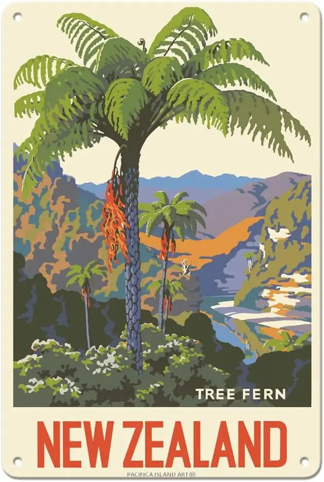 Pacifica Island Art New Zealand - Tree Fern - Vintage Travel Poster by Marcus King c.1950-8 x 12 inch Vintage Metal Tin Sign