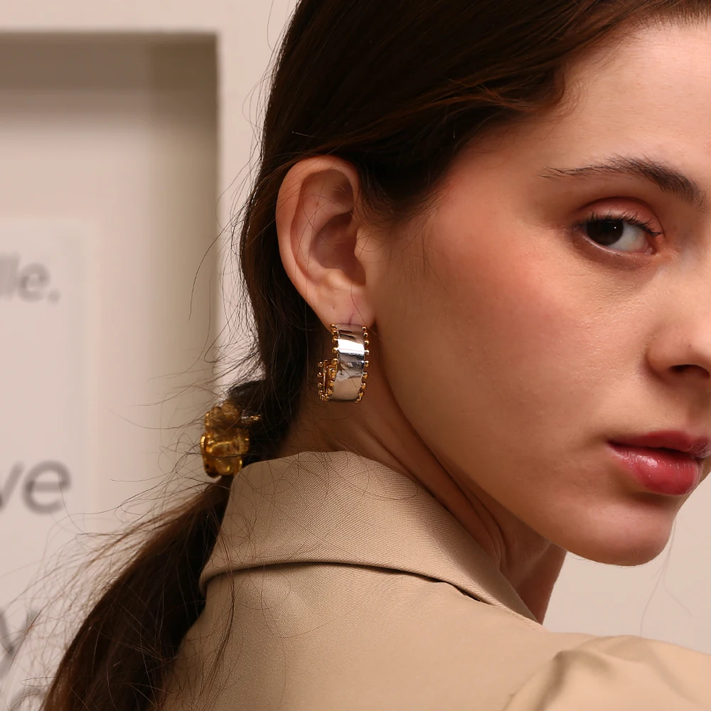 MamacitaSlay Modern Two-Sided Color Gold Plated Silver Color 12mm Wide Hoops Stainless steel earrings woman Waterproof Jewelry