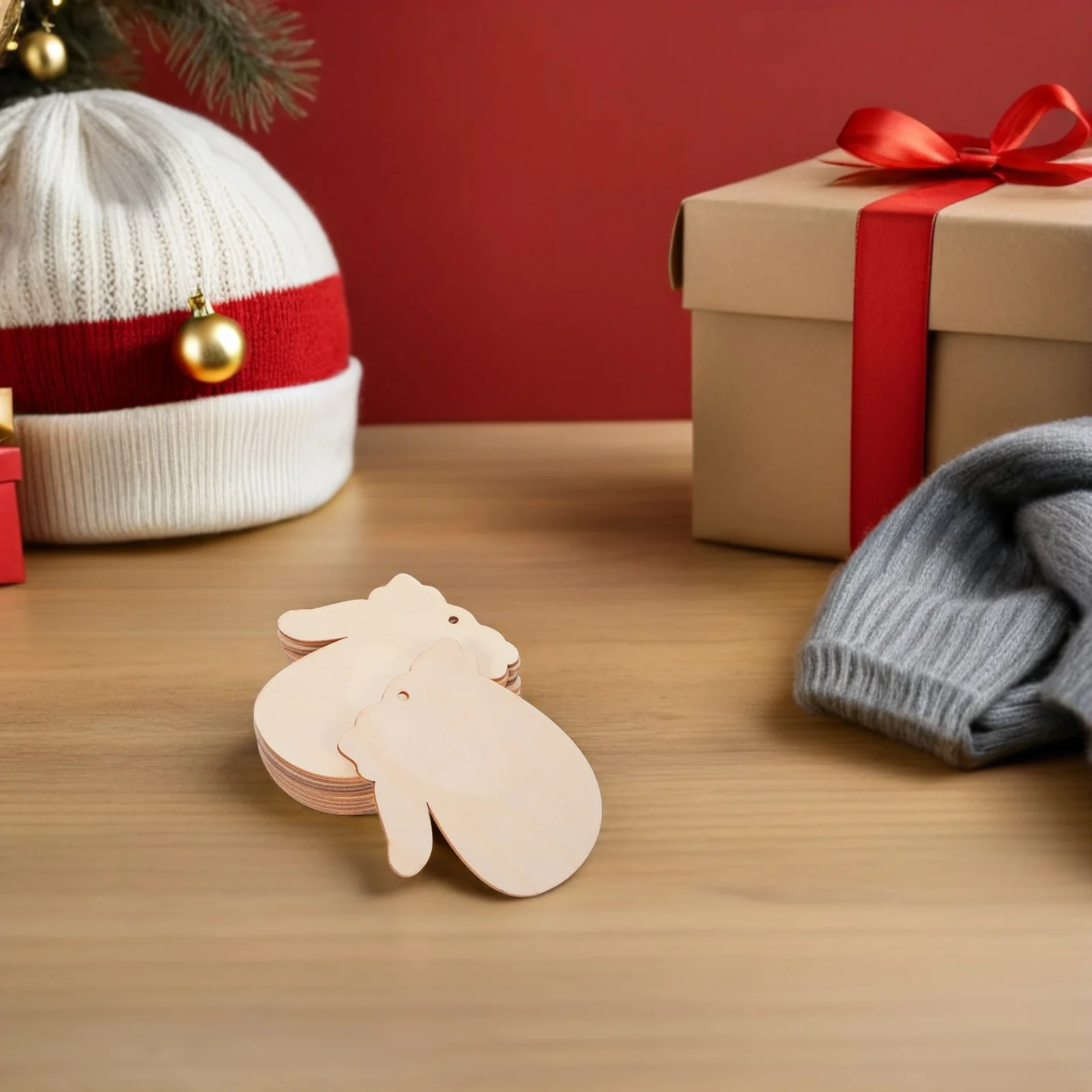 

100Sets Christmas Gloves Wooden Cutouts Unfinished Blank Tags Ornaments DIY Crafts Decorations for Xmas Tree Party Hanging