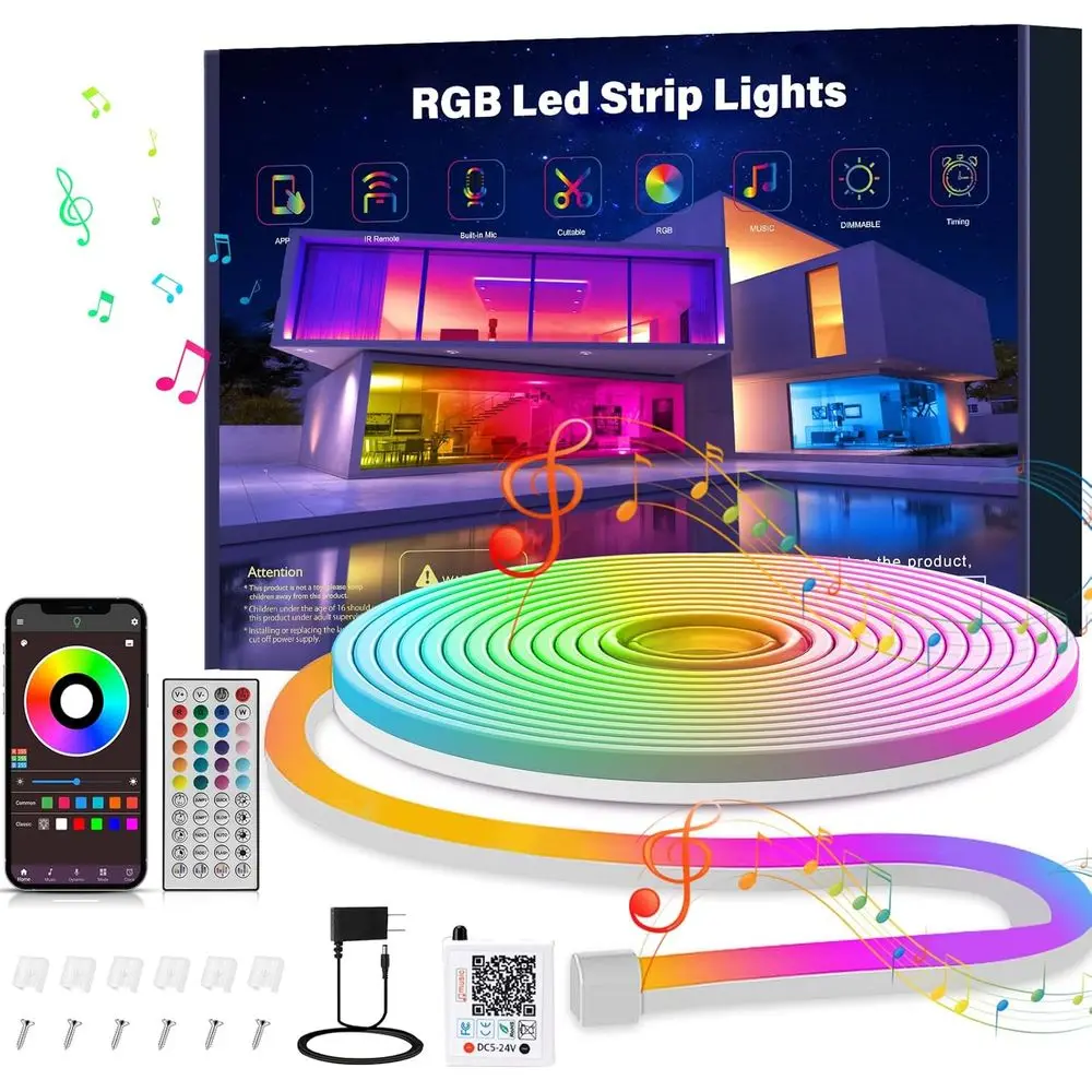 

10-футовые RGB LED неоновые гибкие светильники с дистанционным управлением через приложение, водонепроницаемые для использования на улице, идеально подходят для DIY-дизайна, идеально синхронизируются с музыкой, G