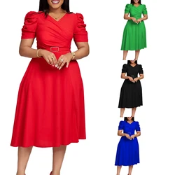 Womens Africa Surplice Neck Long Sleeve A Line Dresses Elegant Casual Church Ladies Formal Wear Party Summer Bridesmaid Dress