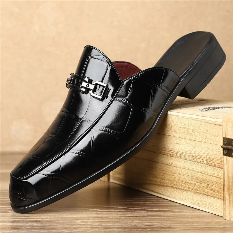 

Men's Shoes High Quality Patent Leather Casual Slippers Crocodile Designer Slipper Leather Mules Slippers Half Slippers Loafers