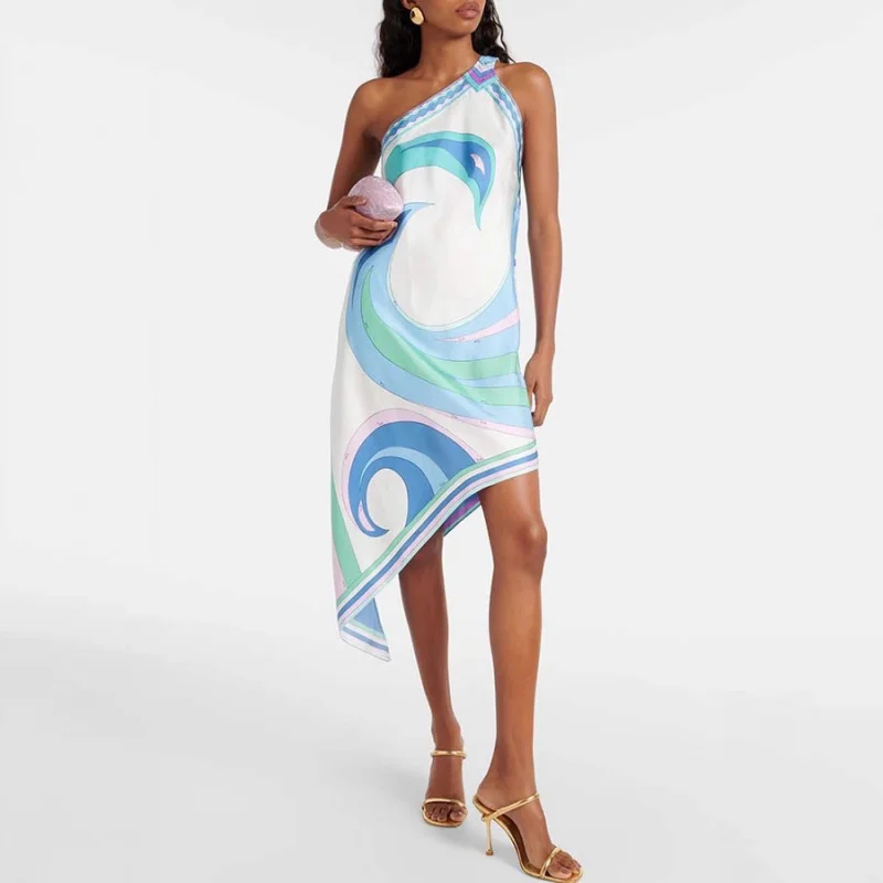Sexy Slant Shoulder Satin Vacation Dress Women Elegant Print Backless Irregular Short Dress Casual Sleeveless Loose Party Dress