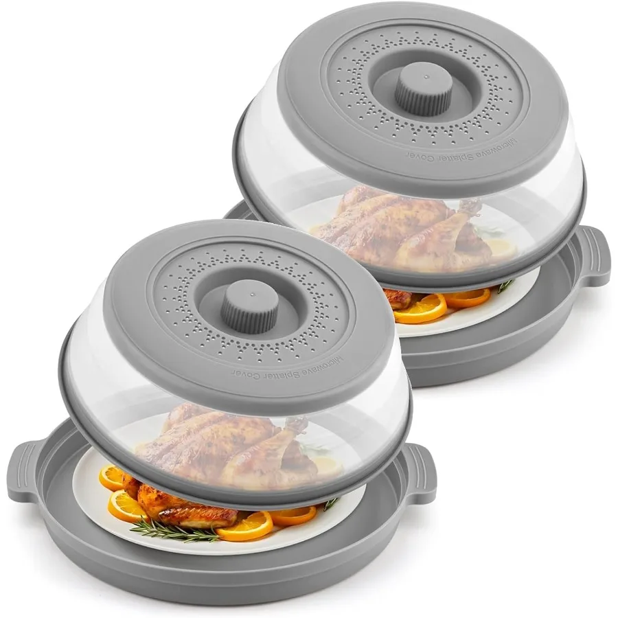 2 Pack Microwave Splatter Cover for Food with Antiscald Base Plate Large Plastic Silicone Vented Design to Avoid Scalding Colla