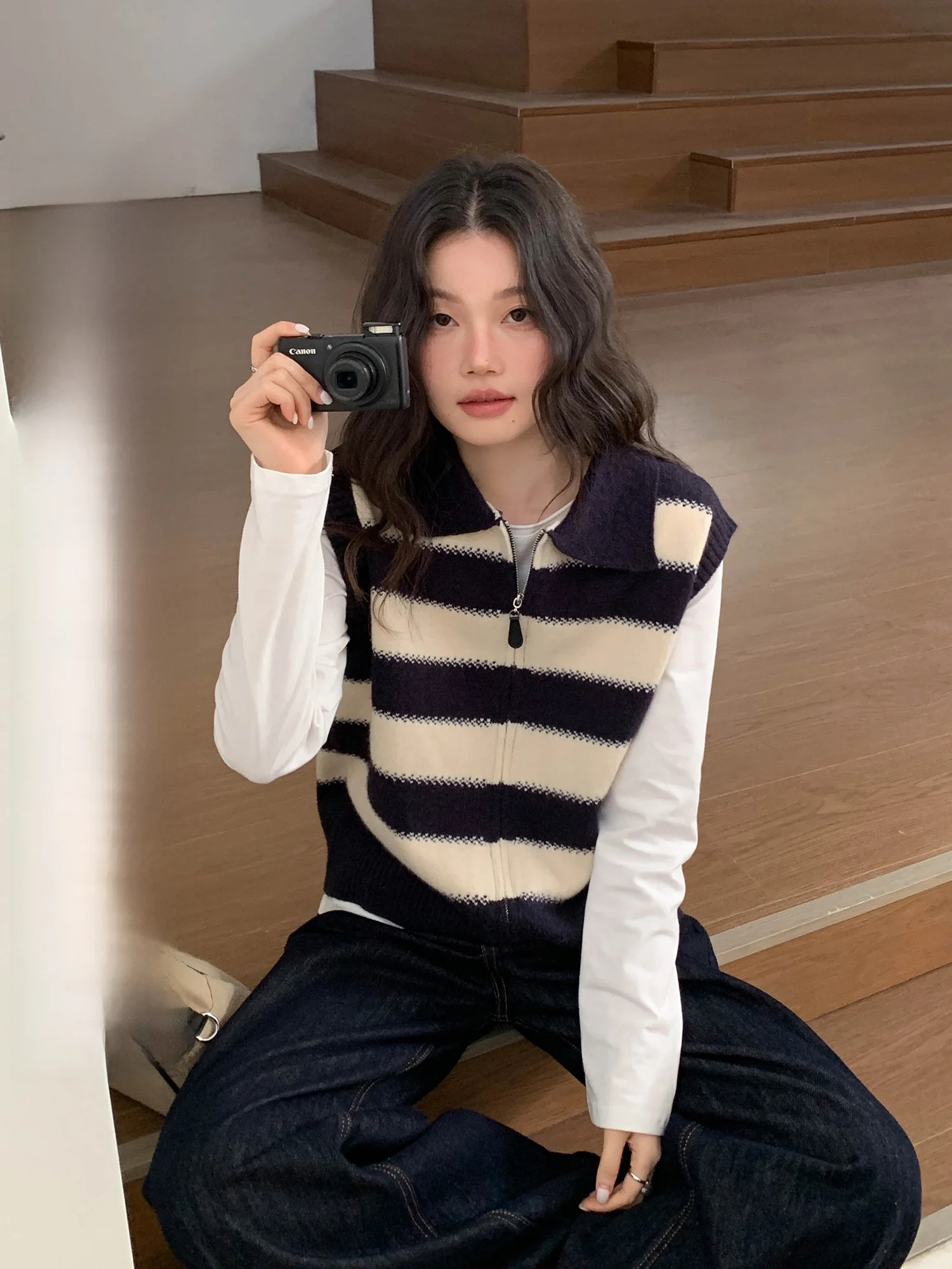 

Stripe Knitted Vest Women's Spring Faionable Layering Top Korean Sle Outerwear irt Zipper Closure Regular Length