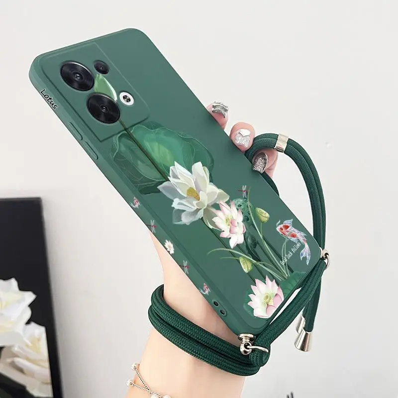 Lotus Pond Scenery Crossbody Lanyard custodia in Silicone per OPPO Reno 8 8T 8 Pro 7 7Lite 7Z 6 6Z 6 proplus 5Lite 5F 4Lite Cover