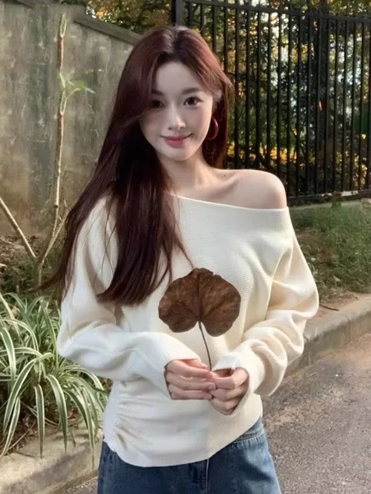 Knitted Sweater Women Slash Neck Off Shoulder Autumn Winter Solid Pullover Y2k Aesthetic Female Casual Jumper Vintage