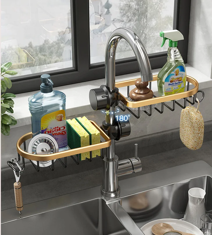 Wasserhahn Abtropfgestell für Waschbecken Set Luxus Küchenartikel Organizer Badezimmer Neu Schwarz Gold Edelstahl Rack Lagerregal – Detail 3