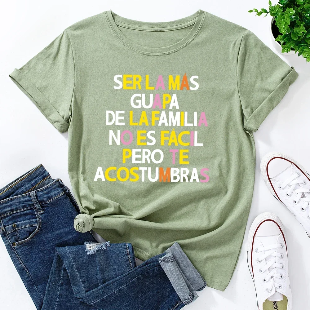 Camiseta de manga curta feminina, estampa simples espanhola, tops femininos de harajuku, camiseta feminina de algodão, verão, 2022