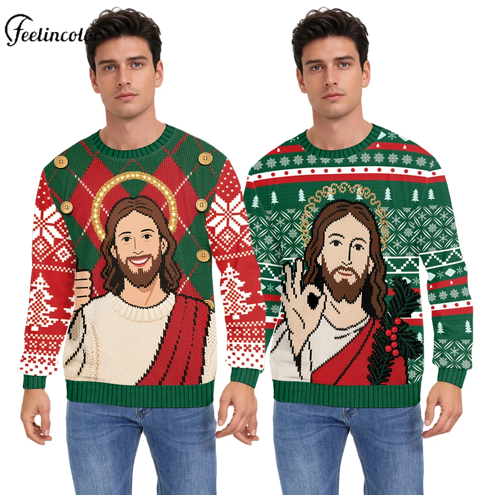 

Jesus Ugly Christmas Sweatshirts for Men Women 3D Digital Xmas Pattern Pullover Funny Crewneck Sweatshirt Top Couple Casual Clot