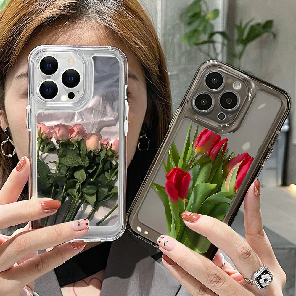 Clear TPU Flowers Rose Phone Case For iPhone 13 Pro Funda iPhone 16 15 11 14 12 Pro Max 7 8 SE Plus X XR XS Max 13pro Soft Cover
