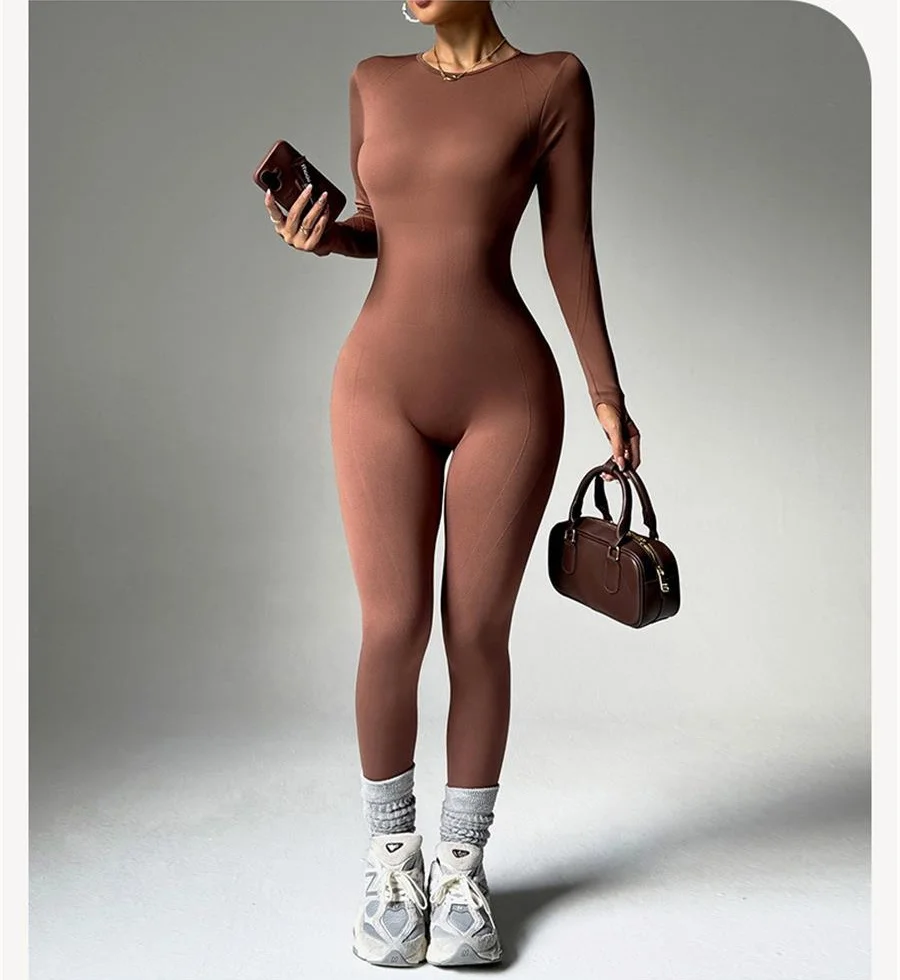 

Long-sleeved one-piece yoga suit, women's fitness exercise backless long pants one-piece suit, autumn and winter yoga set