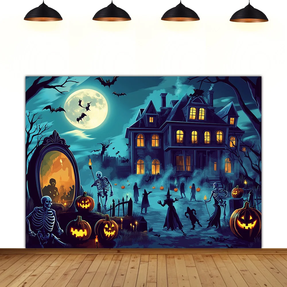 

Halloween terror theme background skeleton castle black full moon festival room decoration gift photography photo backdrop
