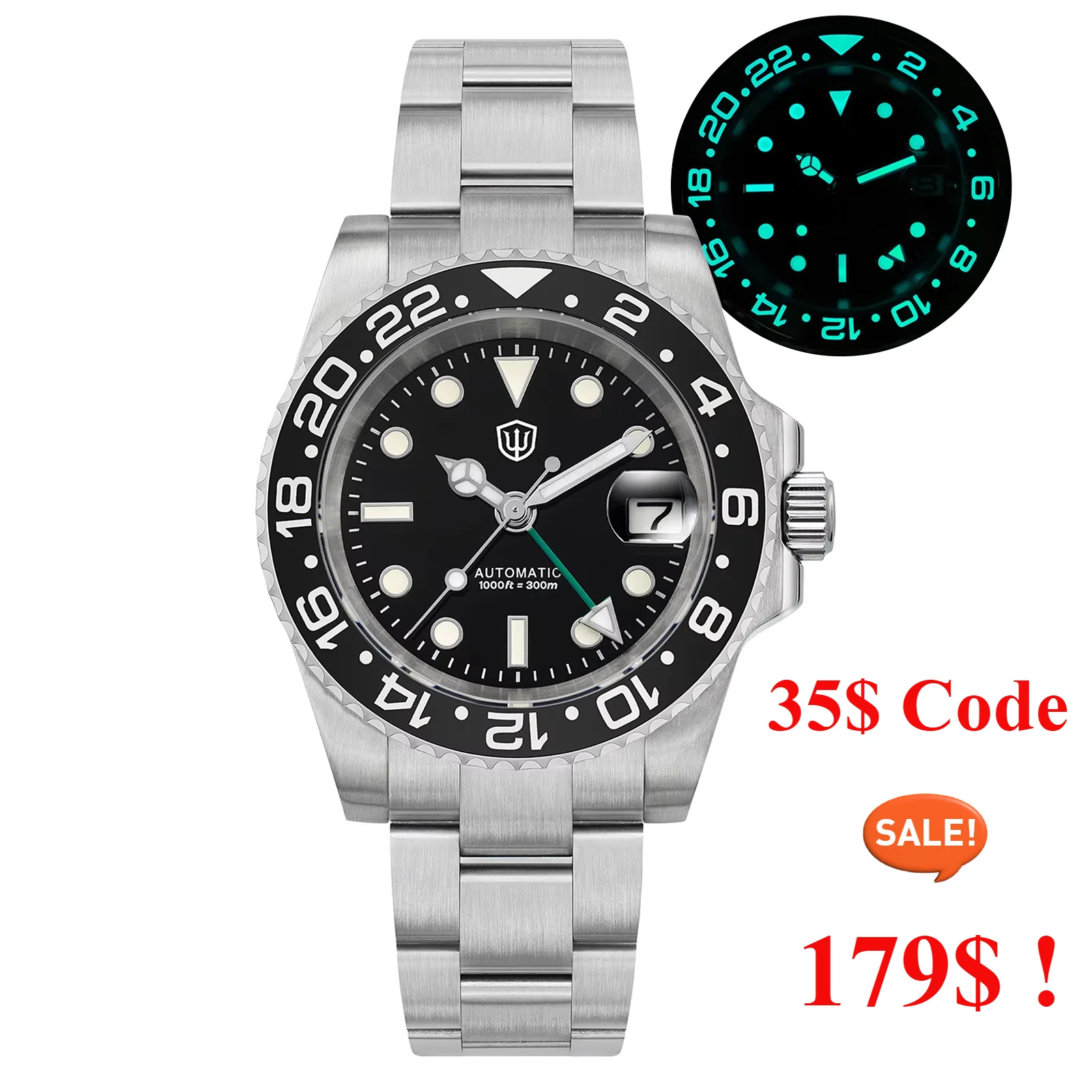 

Watchdives WD16760 V2 NH34 Sub GMT Часы из нержавеющей стали с сапфировым стеклом Автоматический механизм BGW9 Светящиеся водонепроницаемые часы 300 м