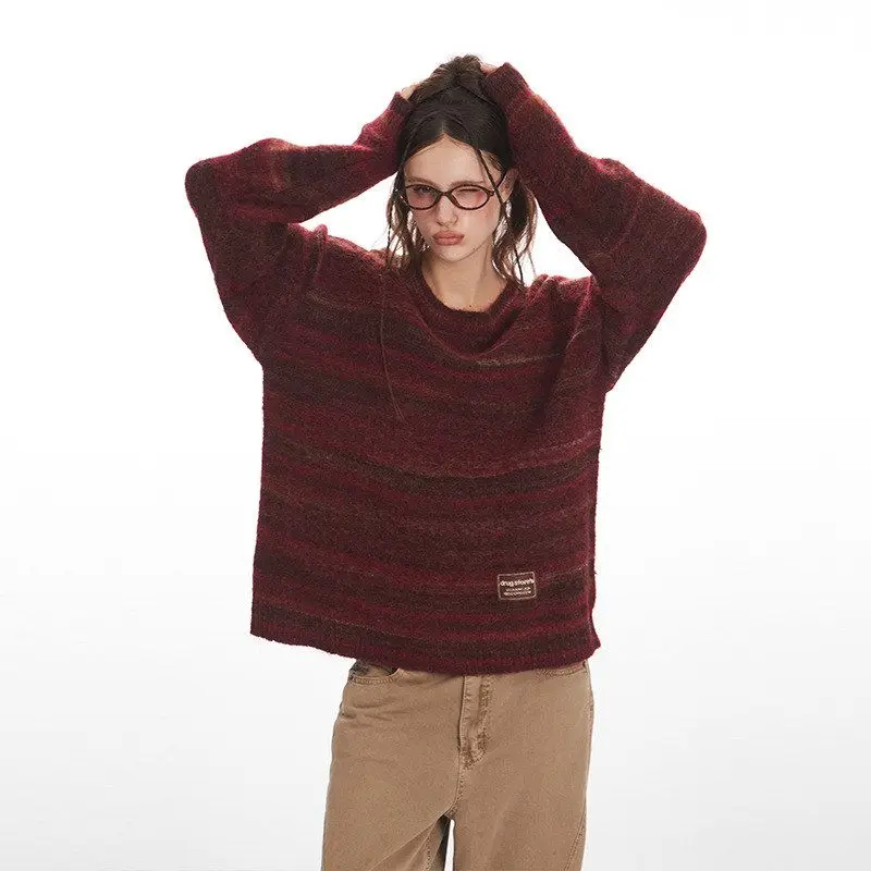 HeyHenry レディース オーバーサイズ ラウンドネック ニットウェア Vネック セーター カジュアル ストライプ アウター 快適 ルーズフィット カップル向け