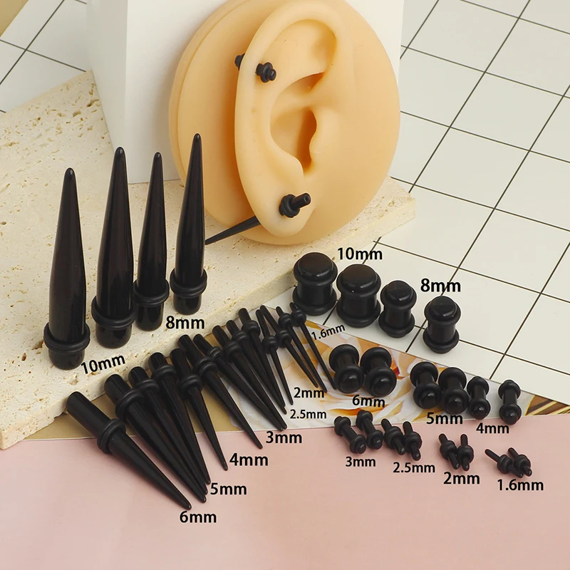 2-18pcs Black Tunnel Ear Taper Plug Stretcher Expander Gauge Earrings 1.6-25mm Acrylic Stretching Piercing Body Jewelry Set